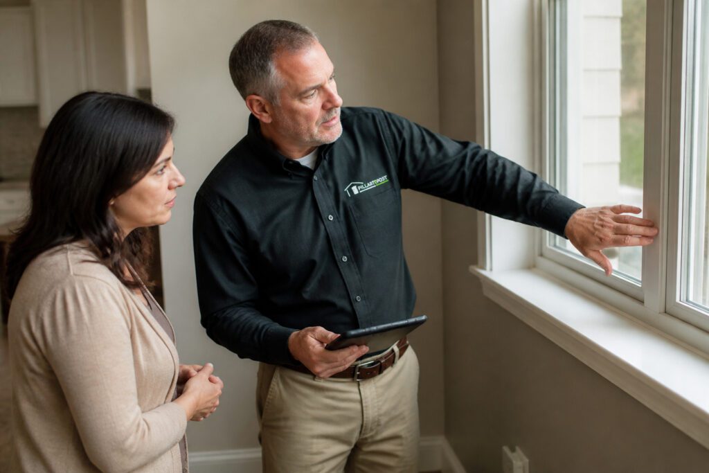 A professional home inspector reviewing property details with a homebuyer inside a well-lit house.
