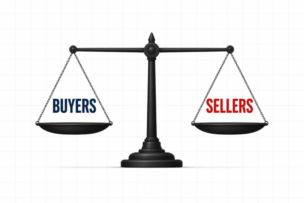 A conceptual graphic illustration of a balance scale representing equal market leverage between home buyers and home sellers and showing if is it a good time to buy a house