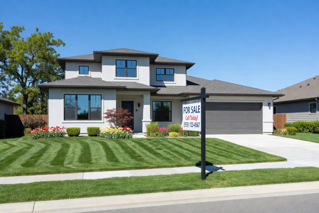 A modern single family suburban home with a green lawn and a for sale sign in the front yard.