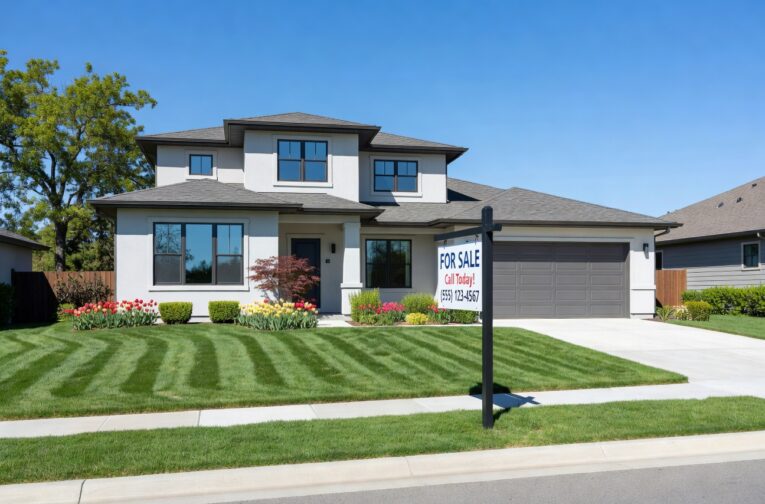 A modern single family suburban home with a green lawn and a for sale sign in the front yard.