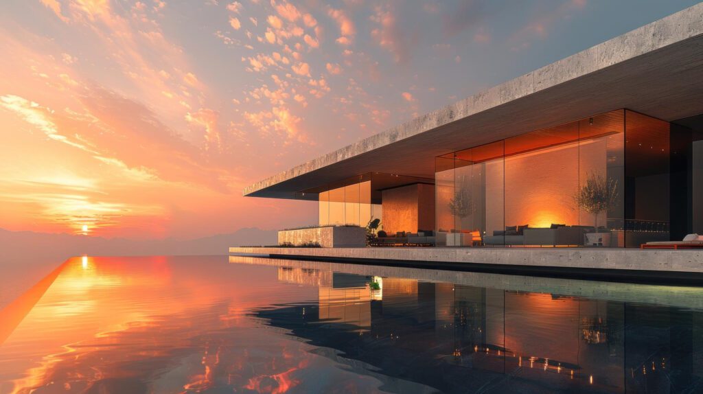 Modern luxury architectural estate at golden hour, illustrating the premium inventory that makes potential buyers ask, "is it a good time to buy a house" in tech-centric real estate markets?