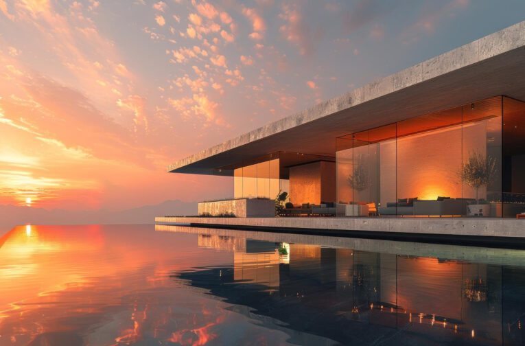 Modern luxury architectural estate at golden hour, illustrating the premium inventory that makes potential buyers ask, "is it a good time to buy a house" in tech-centric real estate markets?