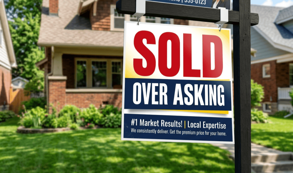 Close-up of a residential real estate sign reading 'Sold Over Asking,' visually answering the common consumer question, "are house prices dropping" in AI-wealth hubs?