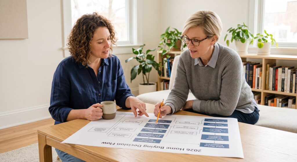two colleagues in a modern, light-filled living room. They are engaged in detailed planning, pointing to a flowchart laid out on the table that maps the specific decision steps, including 'Apply Strategy A (Negotiate Buydown)' and 'Seller Concession Path.' The title "2026 Home Buying Decision Flow" is visible.