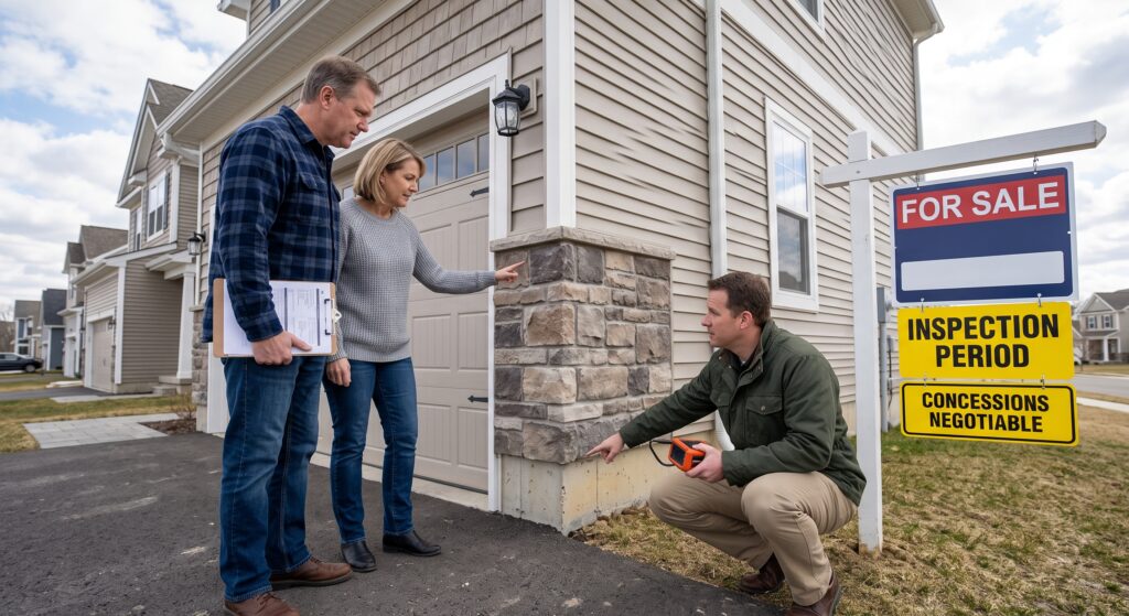 the crucial pre-listing phase. A couple reviews paperwork on their driveway while a home inspector in a green field jacket crouches, using an inspection camera to check the foundation of a modern suburban home. Crucially, a 'FOR SALE' sign is in the yard, featuring clear riders that read: "INSPECTION PERIOD" and "CONCESSIONS NEGOTIABLE," highlighting the proactive approach recommended in the article.