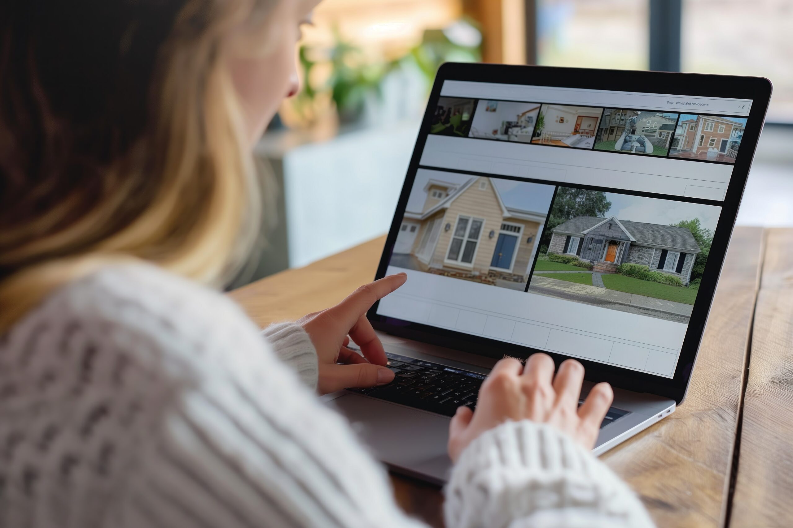 Woman searches for homes on real estate website on laptop. Looks at property listings, credit reports insurance options on computer screen. Pro realtor assists client with buying renting new home.